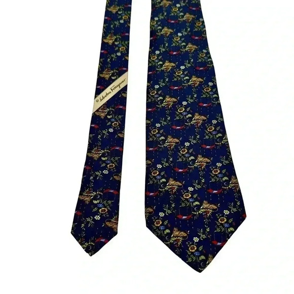 Salvatore Ferragamo navy blue silk necktie with tigers & flower print 3.5” wide